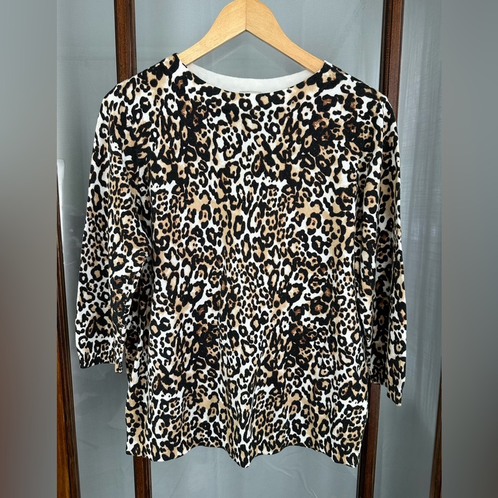 Talbots Sweater Plus 1X‎ Brown Animal Print Sweater Cashmere Blend 3/4 Sleeve